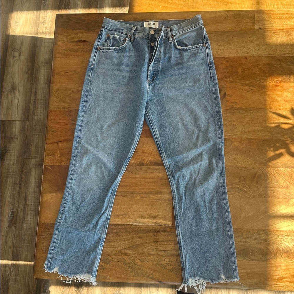 AGOLDE Riley Frayed-Hem Straight Crop Jeans Size 28, blue N59